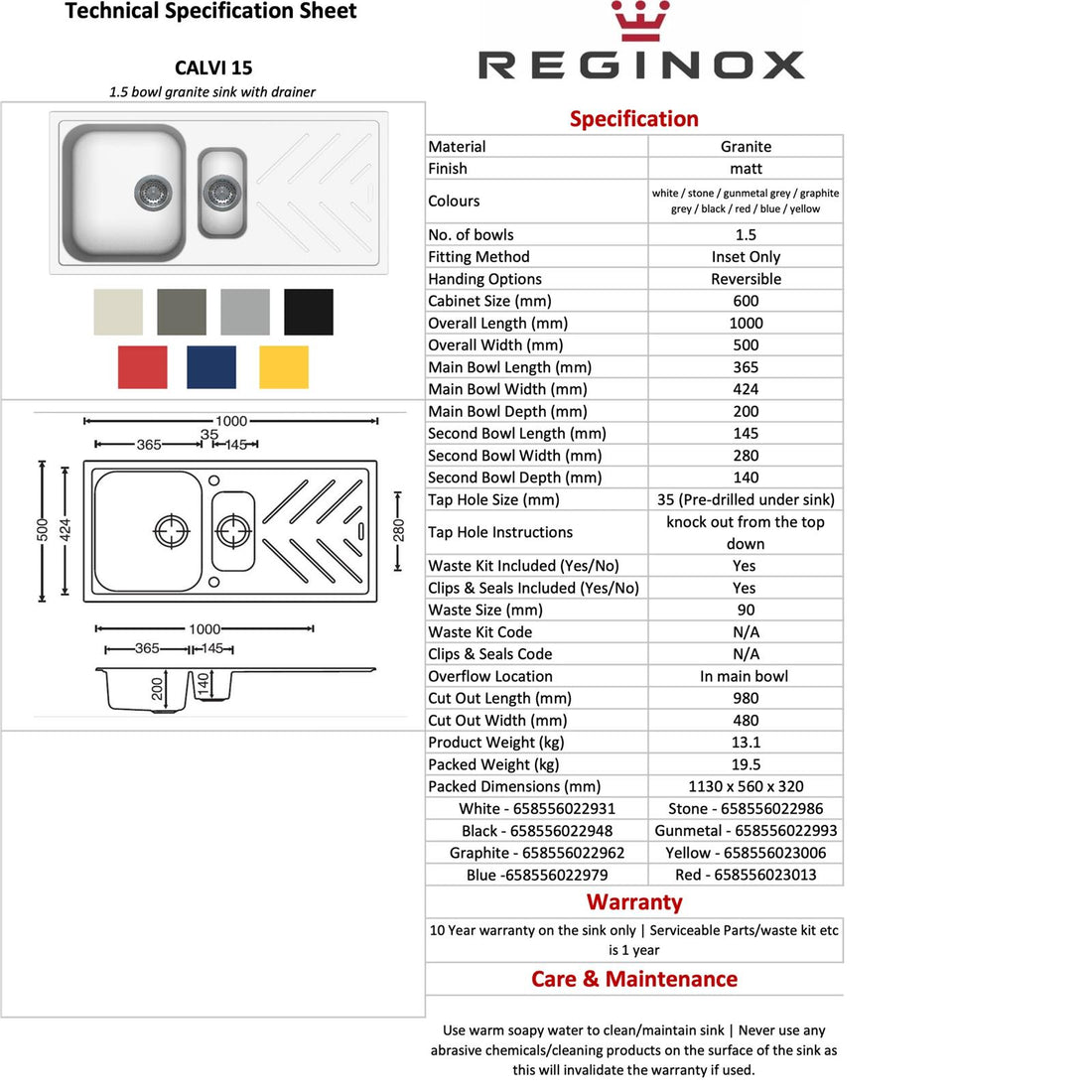 Reginox Calvi 15GM 1.5 Bowl Gun Metal Grey Granite Kitchen Sink With Wastes