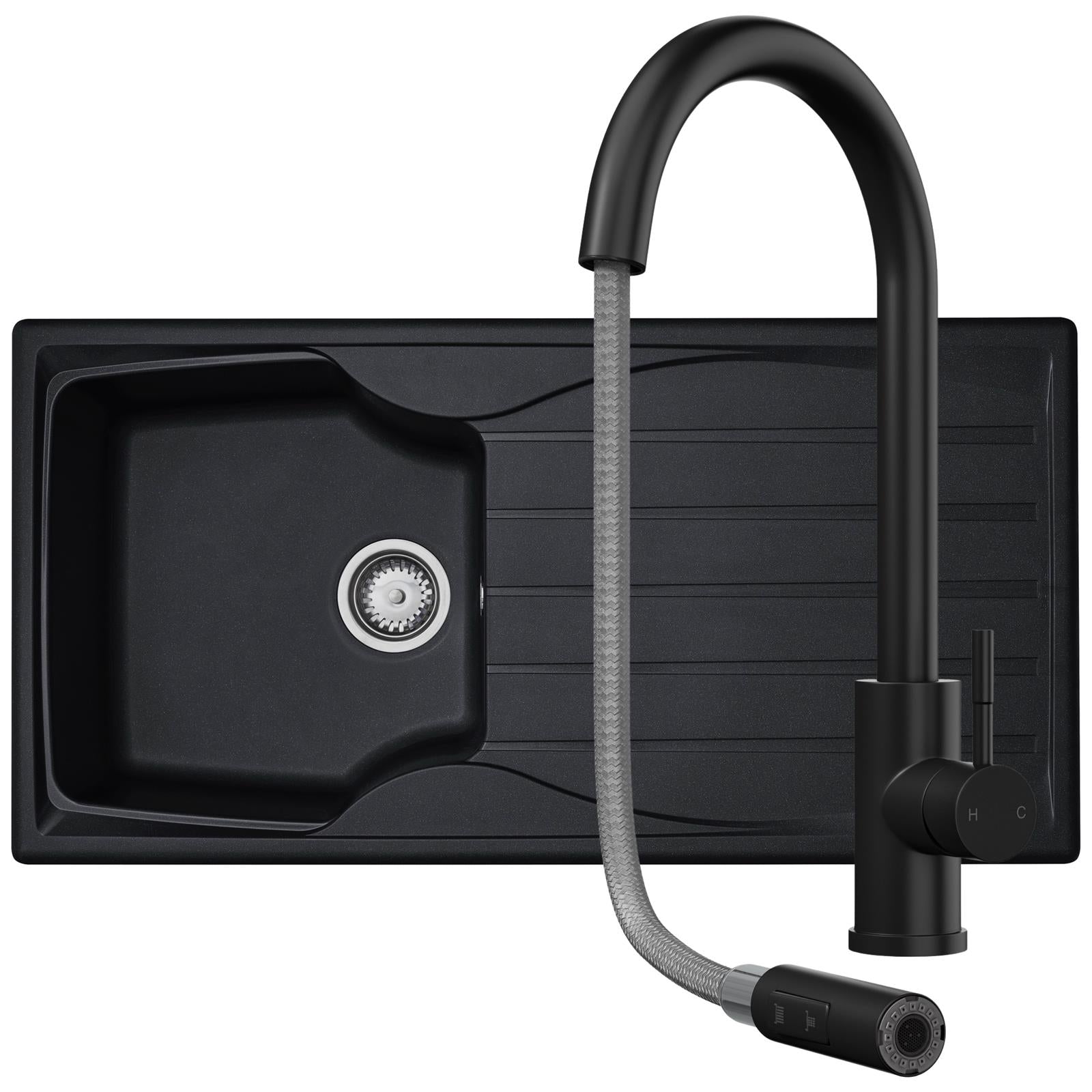 Liquida CMP10BL 1.0 Bowl Reversible Black Kitchen Sink And Pull Out CT453MB Tap