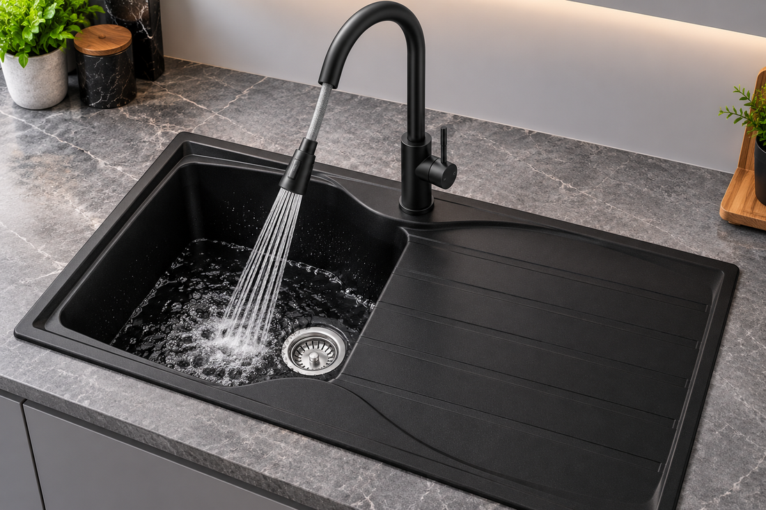 Liquida CMP10BL 1.0 Bowl Reversible Black Kitchen Sink And Pull Out CT453MB Tap