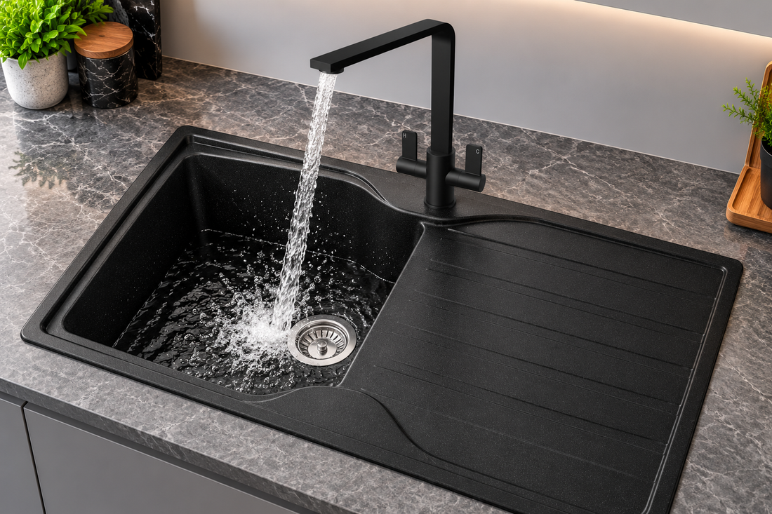 Liquida CMP10BL 1.0 Bowl Reversible Black Kitchen Sink And EB403MB Black Tap