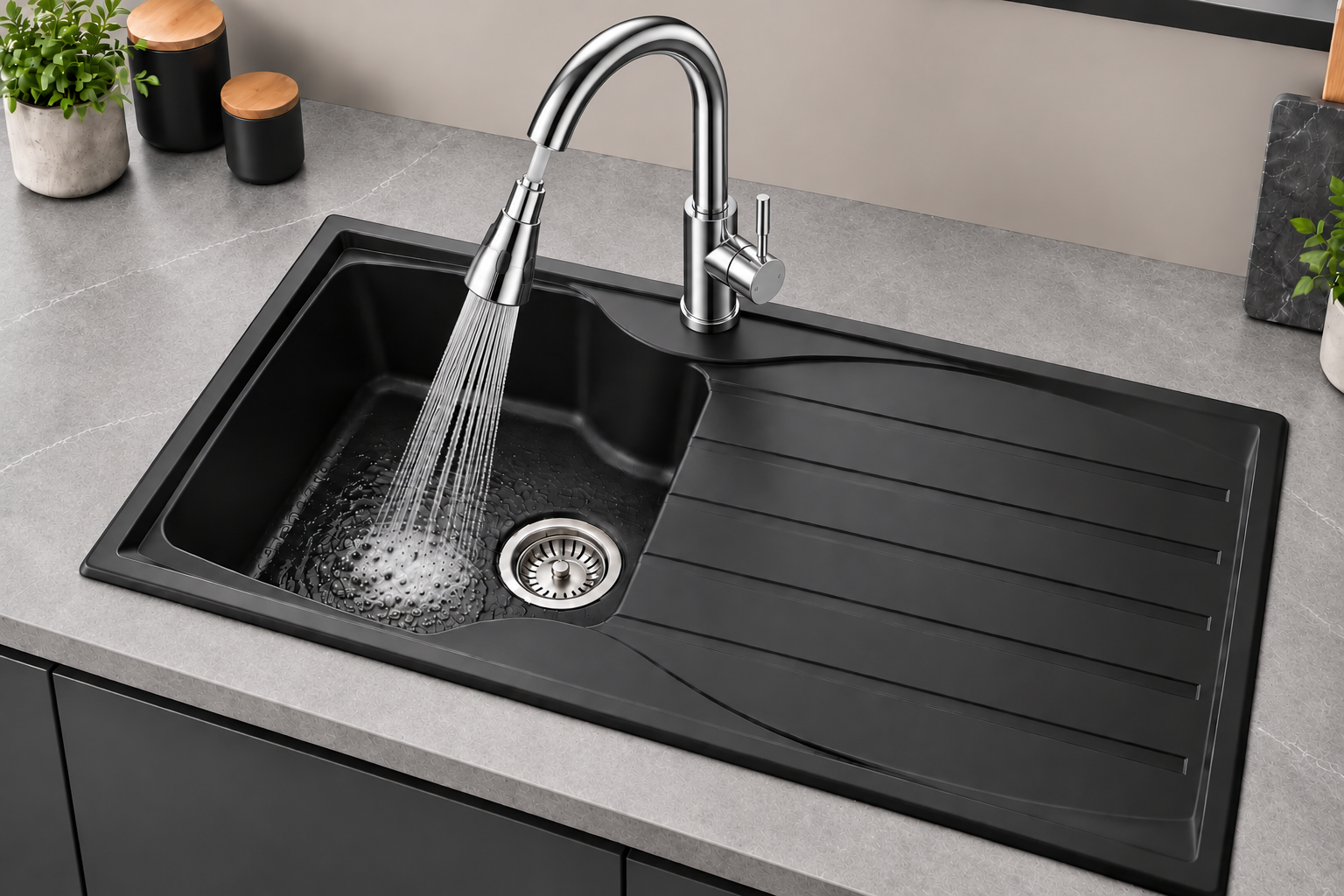 Liquida CMP10BL 1.0 Bowl Reversible Black Kitchen Sink And KPO11CH Chrome Tap