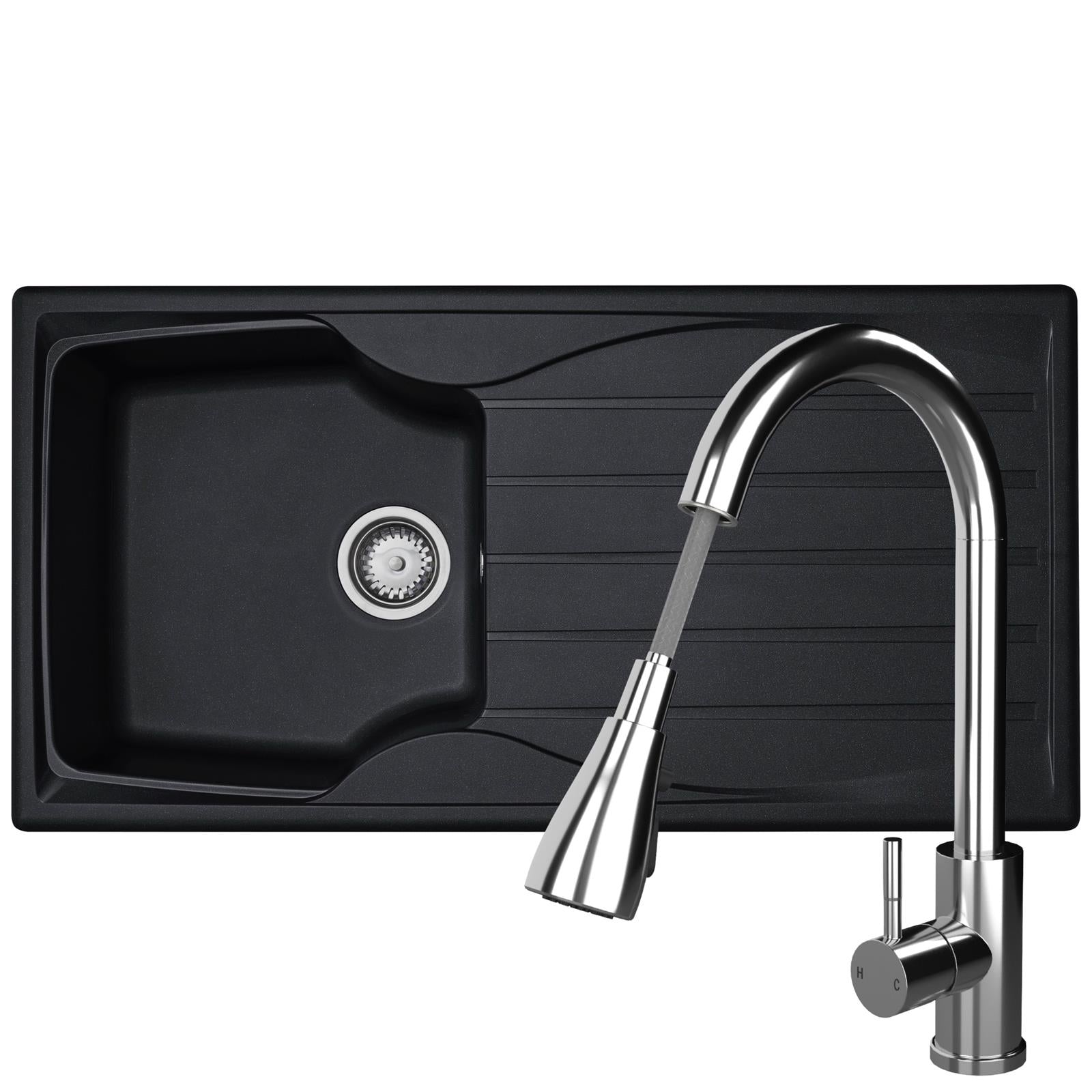 Liquida CMP10BL 1.0 Bowl Reversible Black Kitchen Sink And KPO11CH Chrome Tap