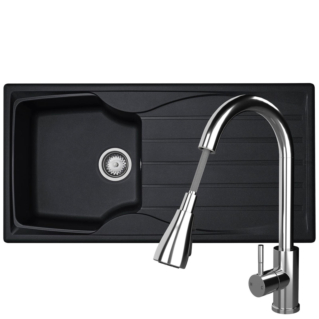 Liquida CMP10BL 1.0 Bowl Reversible Black Kitchen Sink And KPO11CH Chrome Tap