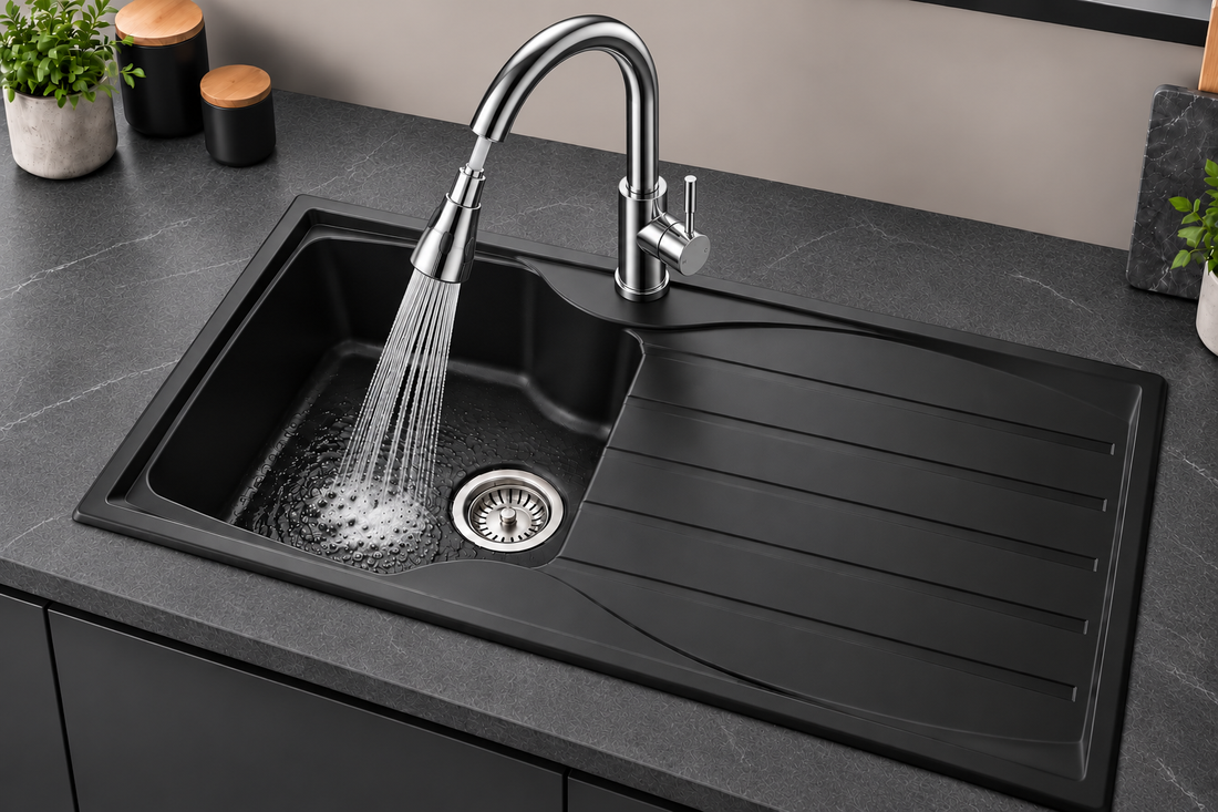 Liquida CMP10BL 1.0 Bowl Reversible Black Kitchen Sink And KPO11CH Chrome Tap