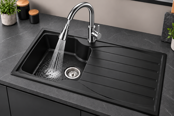 Liquida CMP10BL 1.0 Bowl Reversible Black Kitchen Sink And KPO11CH Chrome Tap