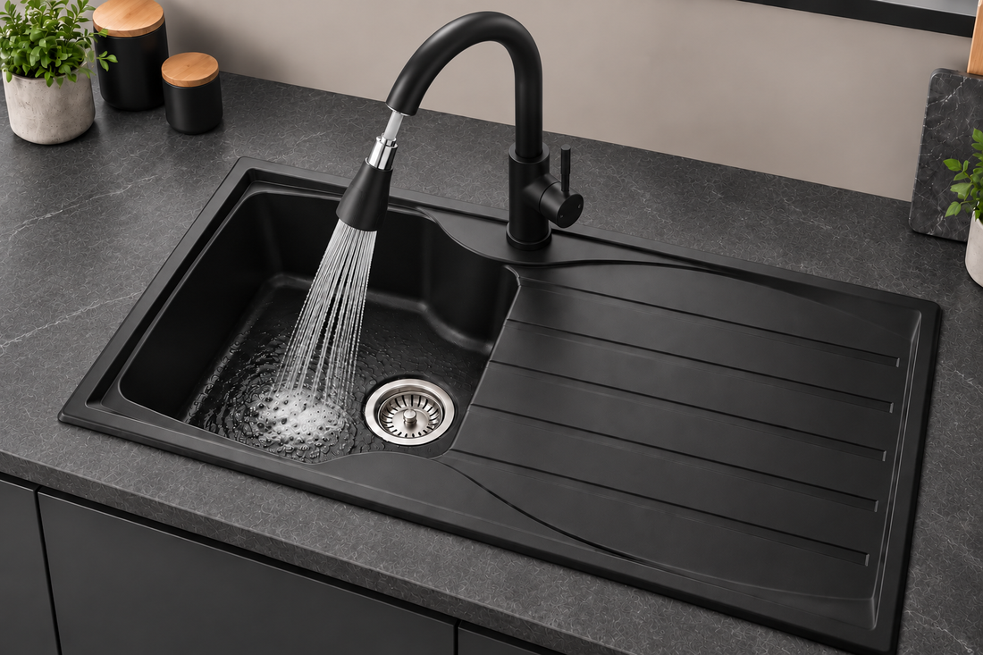 Liquida CMP10BL 1.0 Bowl Reversible Black Kitchen Sink And KPO11MB Black Tap