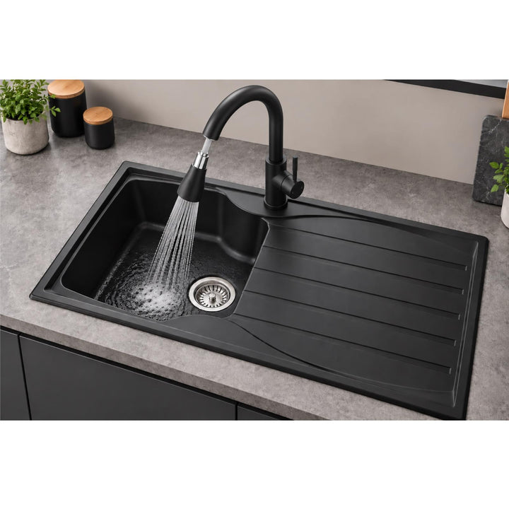Liquida CMP10BL 1.0 Bowl Reversible Black Kitchen Sink And KPO11MB Black Tap