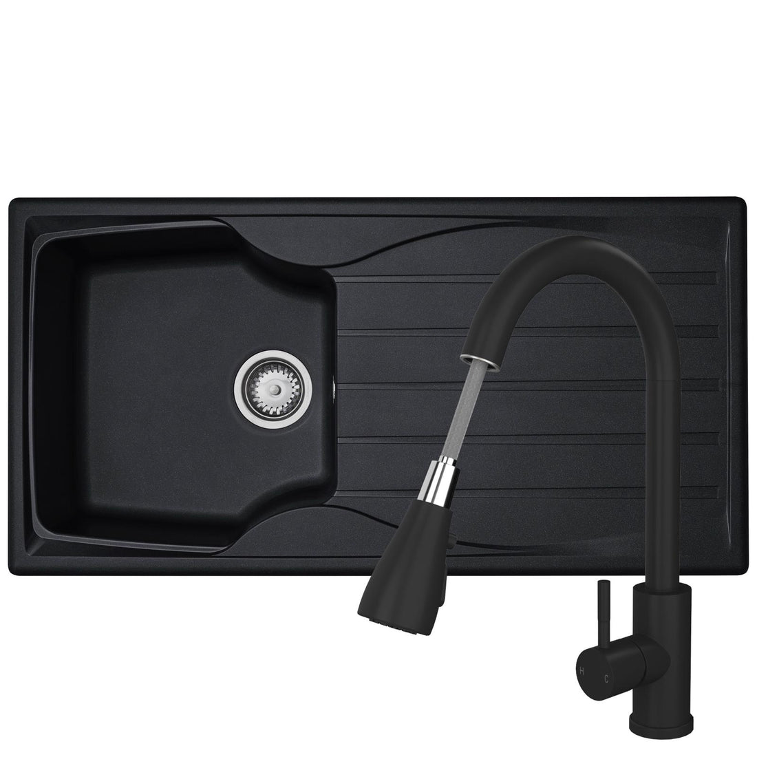 Liquida CMP10BL 1.0 Bowl Reversible Black Kitchen Sink And KPO11MB Black Tap