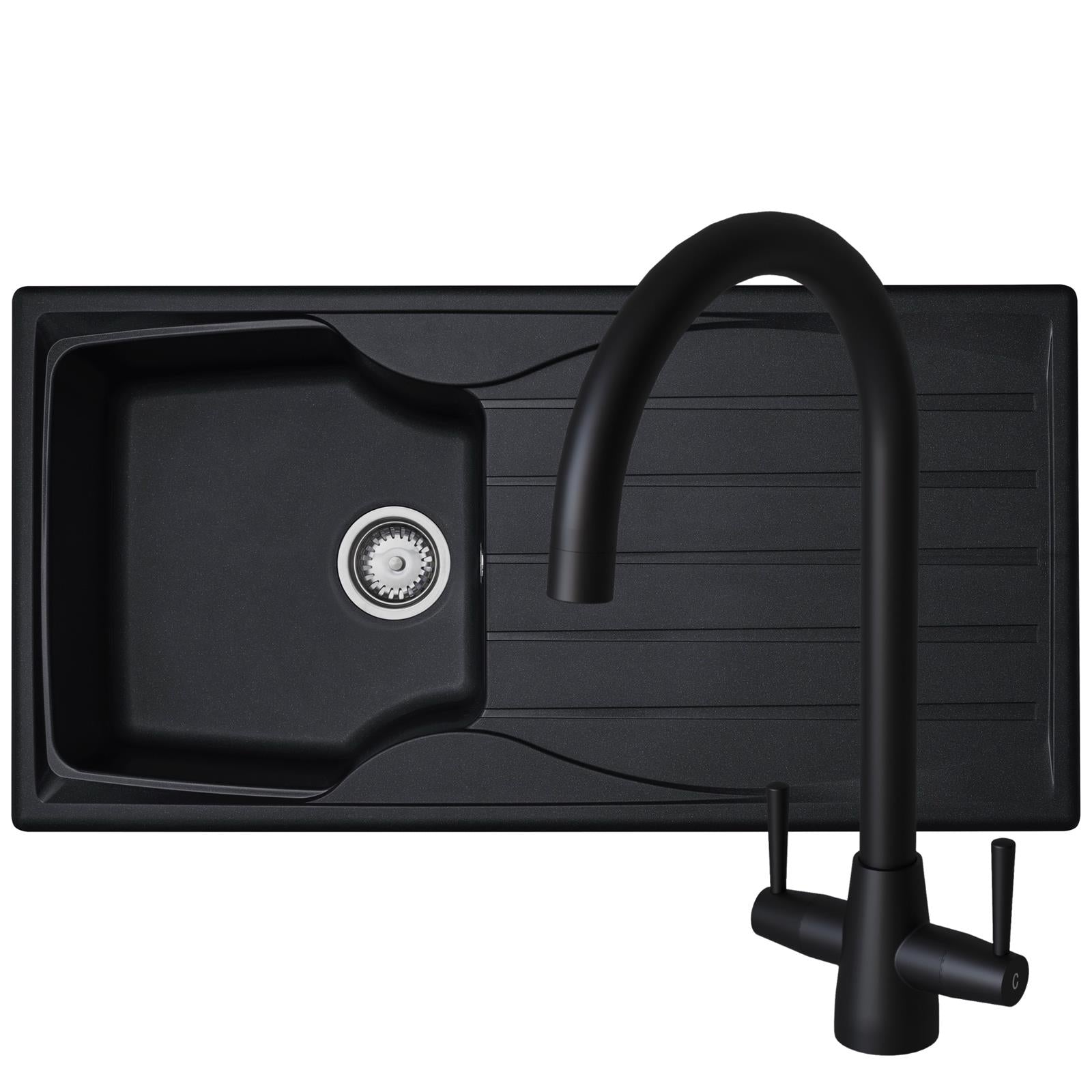 Liquida CMP10BL 1.0 Bowl Reversible Black Kitchen Sink And LU408MB Black Tap