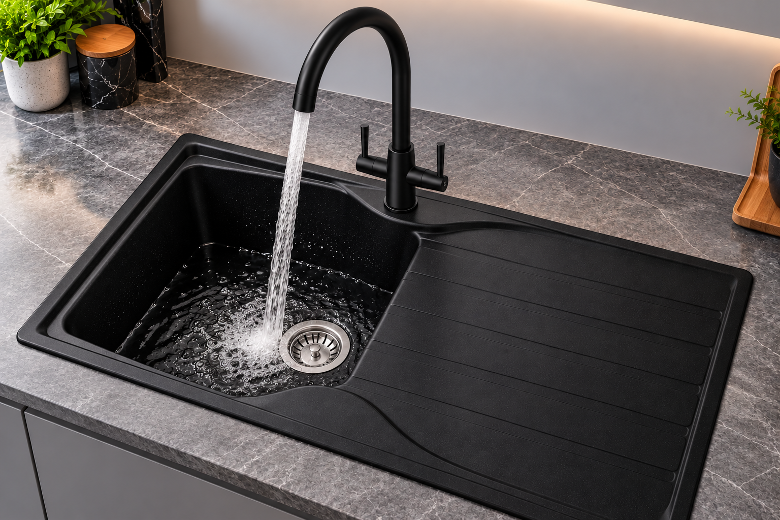 Liquida CMP10BL 1.0 Bowl Reversible Black Kitchen Sink And LU408MB Black Tap