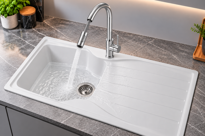 Liquida CMP10WH 1.0 Bowl White Kitchen Sink With CT452CH Chrome Pull Out Tap