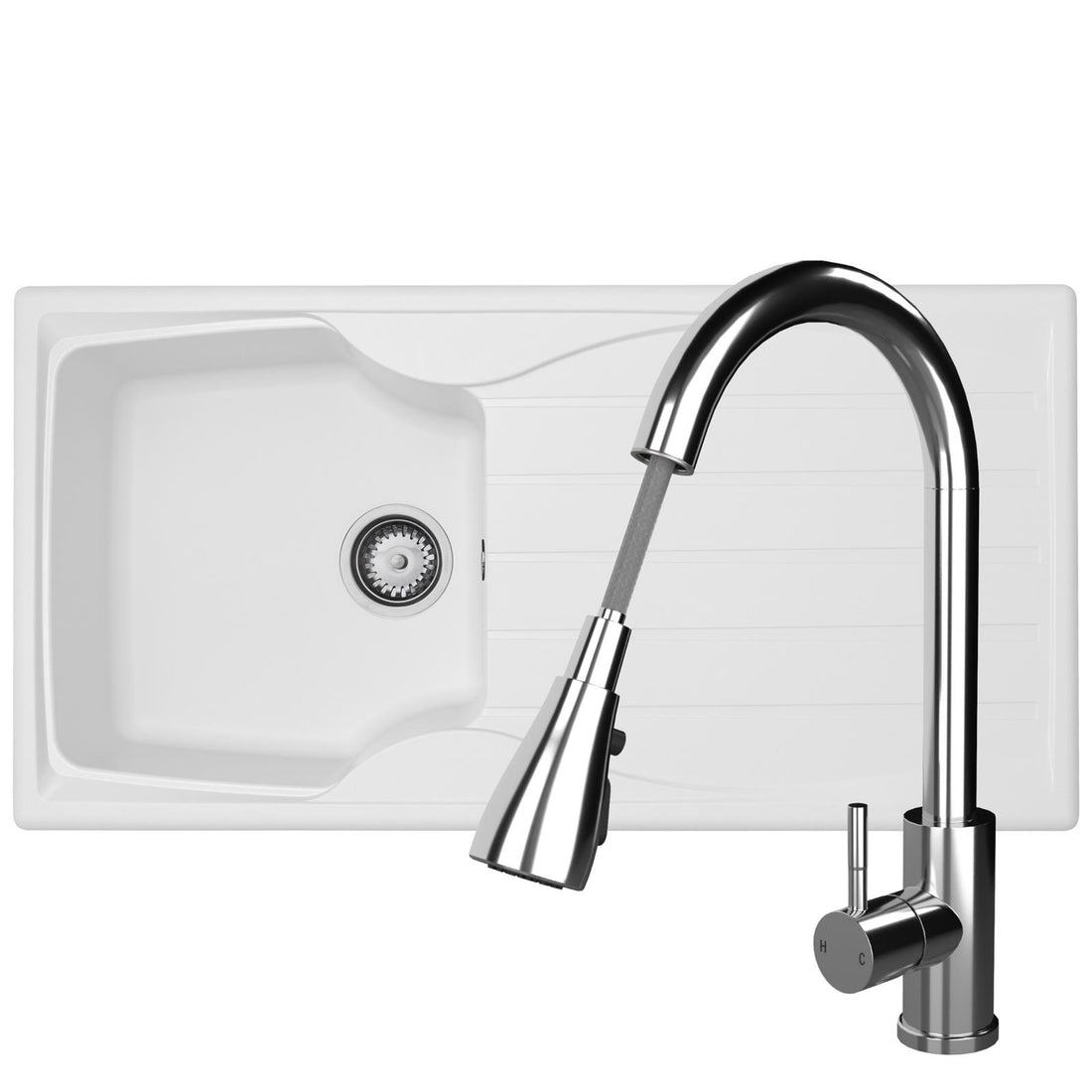 Liquida CMP10WH 1.0 Bowl White Kitchen Sink With KPO11CH Chrome Pull Out Tap