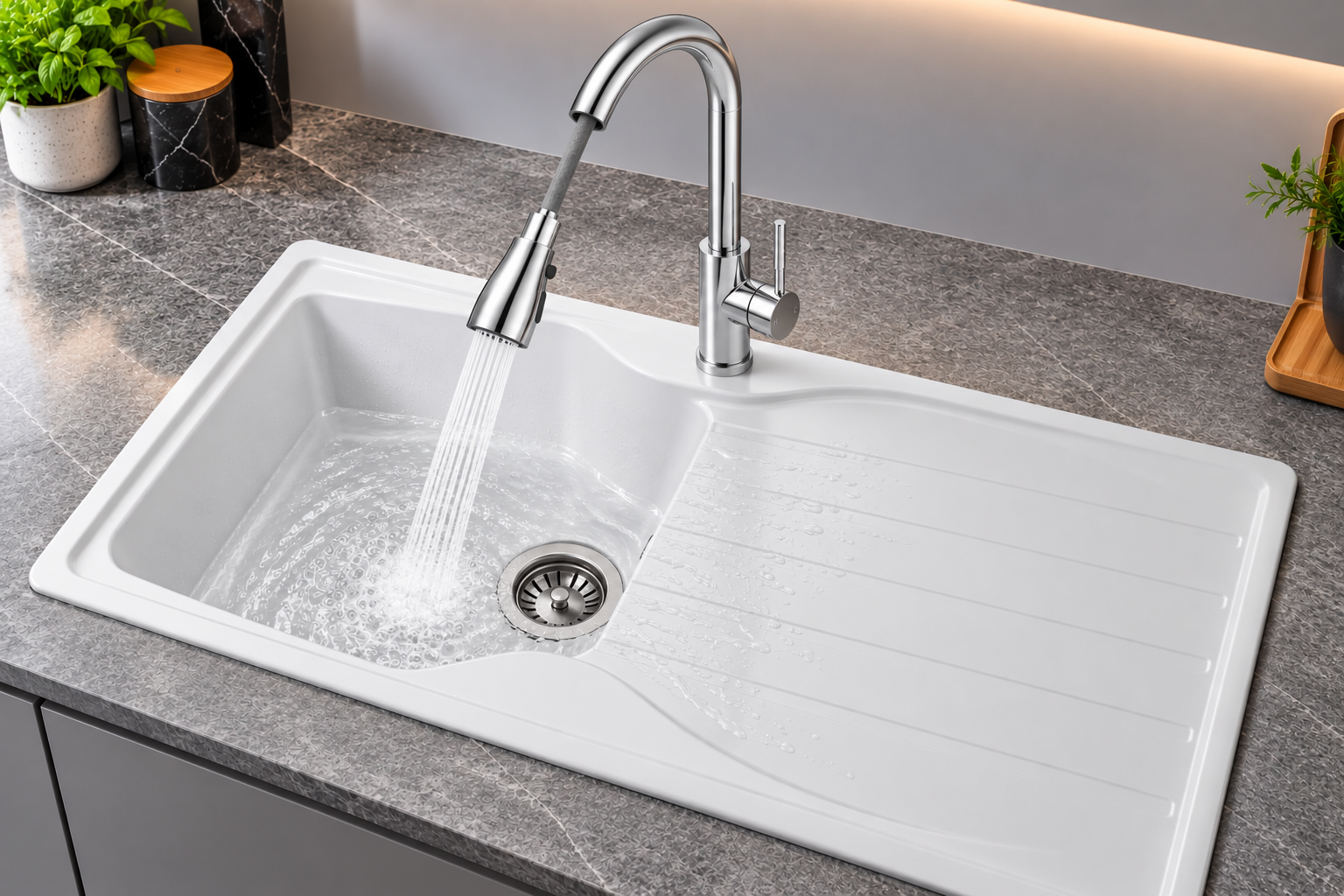 Liquida CMP10WH 1.0 Bowl White Kitchen Sink With KPO11CH Chrome Pull Out Tap