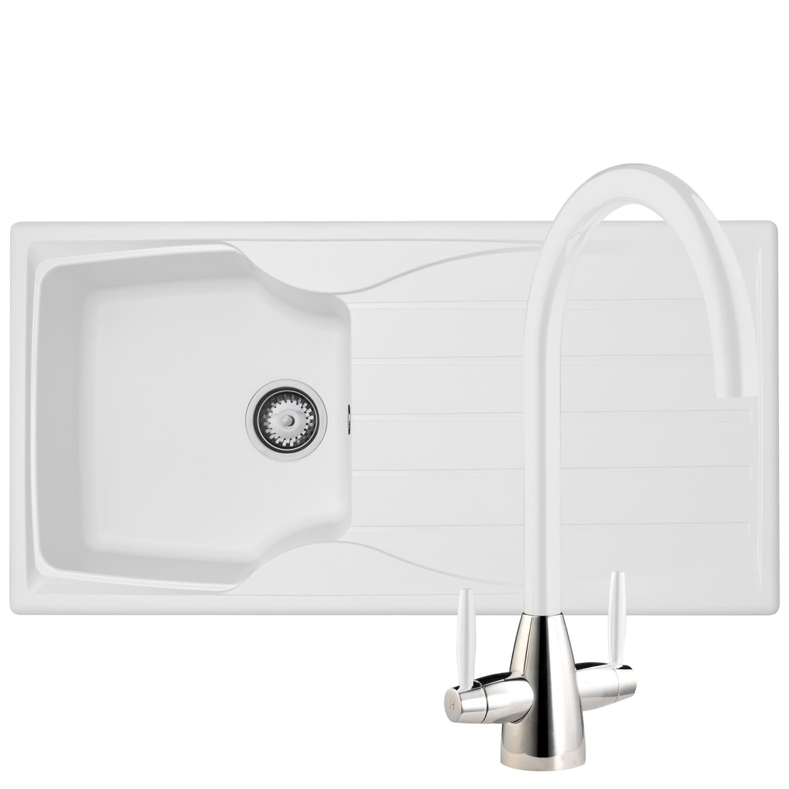Liquida CMP10WH 1.0 Bowl White Kitchen Sink With LC02WH White Mixer Tap