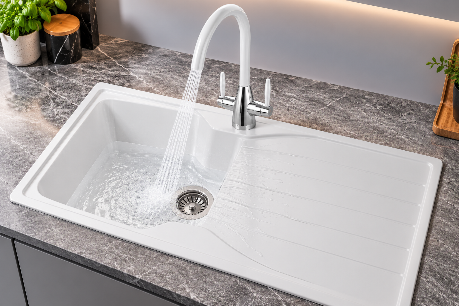 Liquida CMP10WH 1.0 Bowl White Kitchen Sink With LC02WH White Mixer Tap
