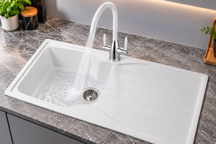 Liquida CMP10WH 1.0 Bowl White Kitchen Sink With LC02WH White Mixer Tap