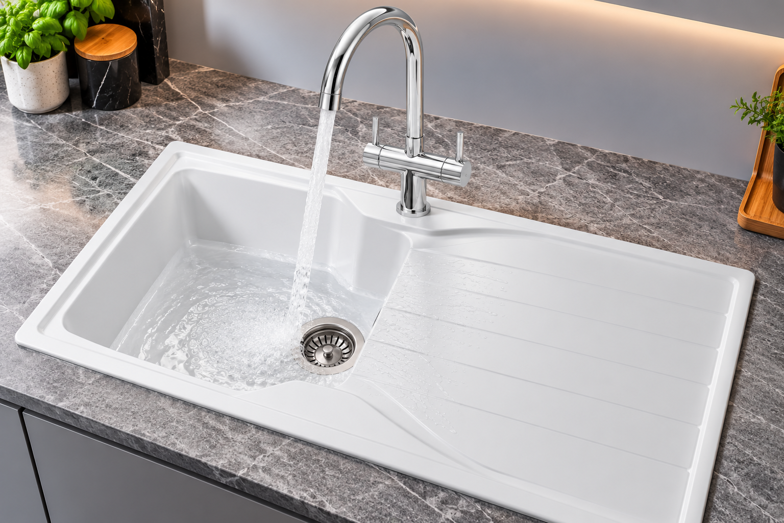 Liquida CMP10WH 1.0 Bowl White Kitchen Sink With W03CH Chrome Mixer Tap