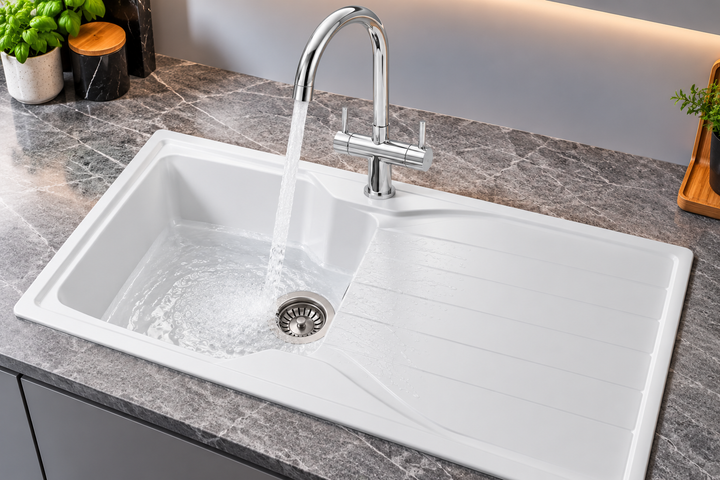 Liquida CMP10WH 1.0 Bowl White Kitchen Sink With W03CH Chrome Mixer Tap