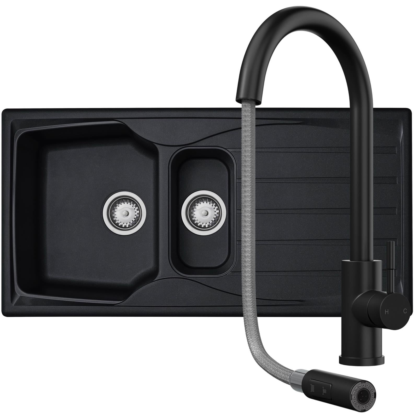 Liquida CMP15BL 1.5 Bowl Reversible Black Kitchen Sink And Pull Out CT453MB Tap