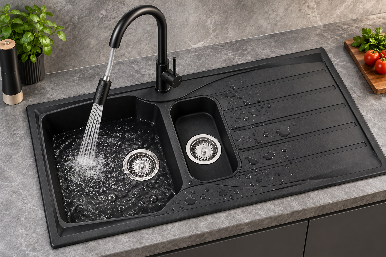 Liquida CMP15BL 1.5 Bowl Reversible Black Kitchen Sink And Pull Out CT453MB Tap