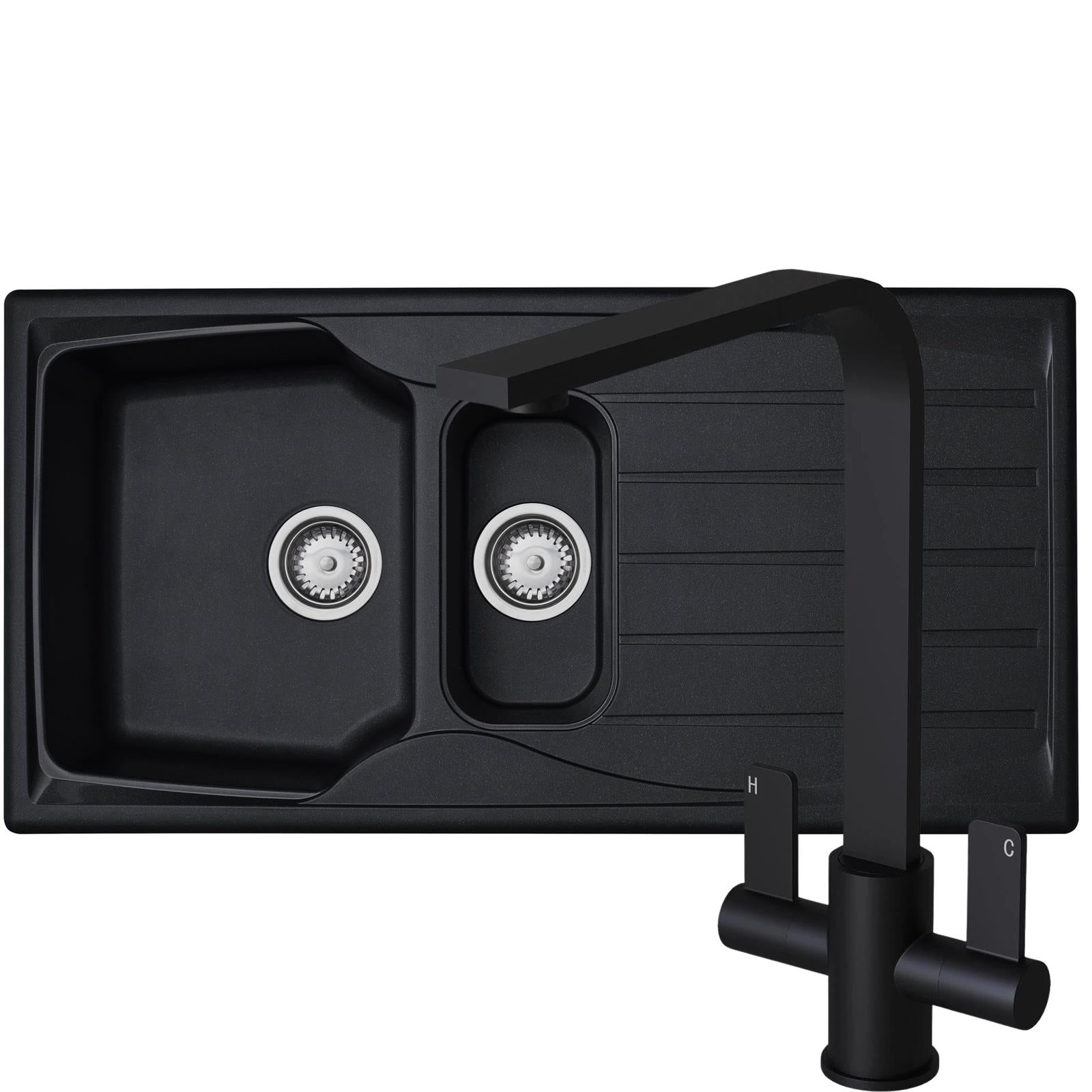 Liquida CMP15BL 1.5 Bowl Reversible Black Kitchen Sink And Pull Out EB403MB Tap
