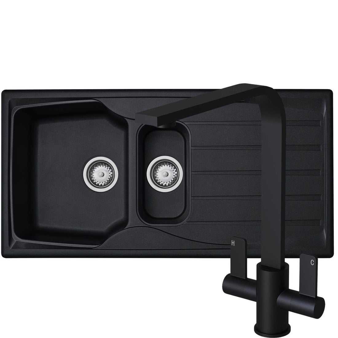 Liquida CMP15BL 1.5 Bowl Reversible Black Kitchen Sink And Pull Out EB403MB Tap