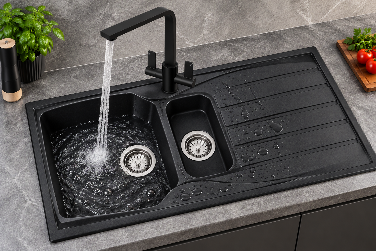 Liquida CMP15BL 1.5 Bowl Reversible Black Kitchen Sink And Pull Out EB403MB Tap