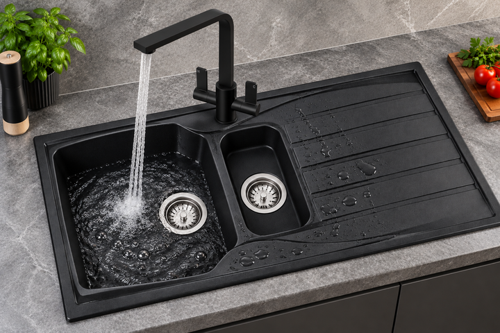 Liquida CMP15BL 1.5 Bowl Reversible Black Kitchen Sink And Pull Out EB403MB Tap