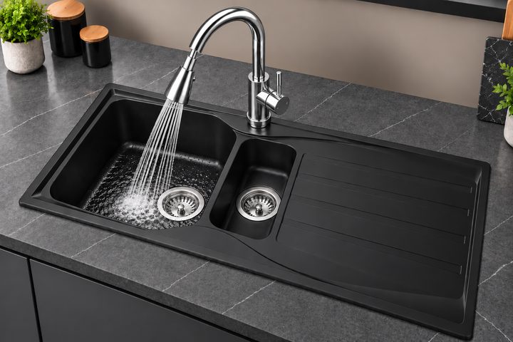 Liquida CMP15BL 1.5 Bowl Reversible Black Kitchen Sink And Pull Out KPO11CH Tap