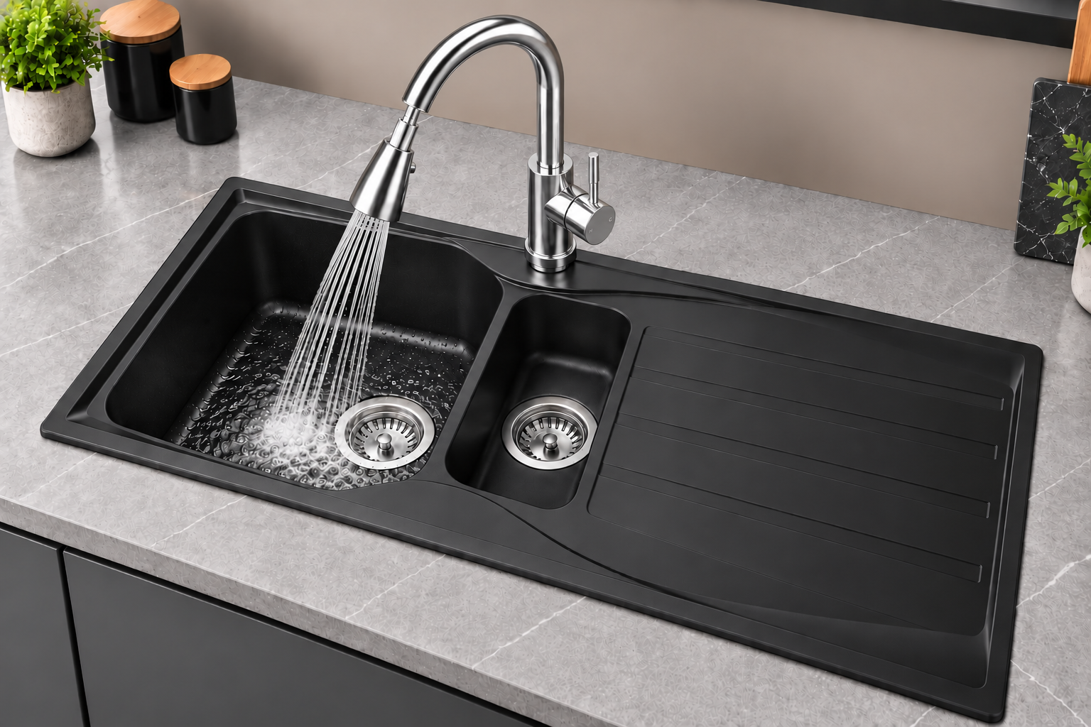 Liquida CMP15BL 1.5 Bowl Reversible Black Kitchen Sink And Pull Out KPO11CH Tap