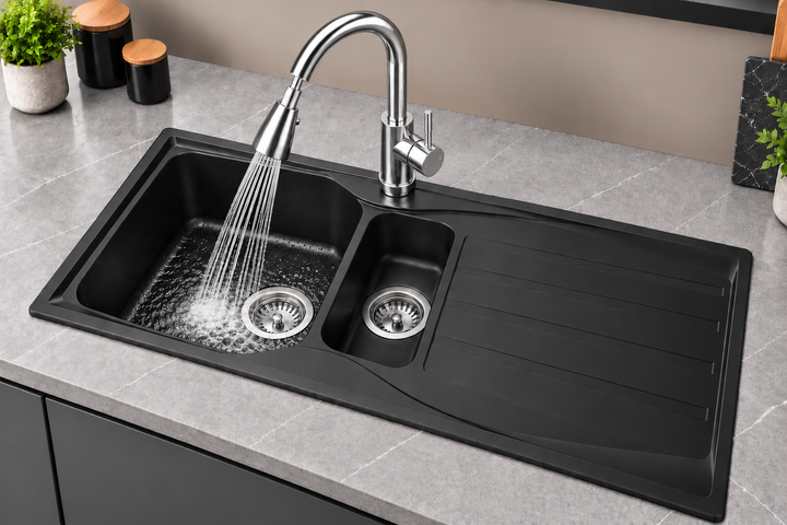 Liquida CMP15BL 1.5 Bowl Reversible Black Kitchen Sink And Pull Out KPO11CH Tap
