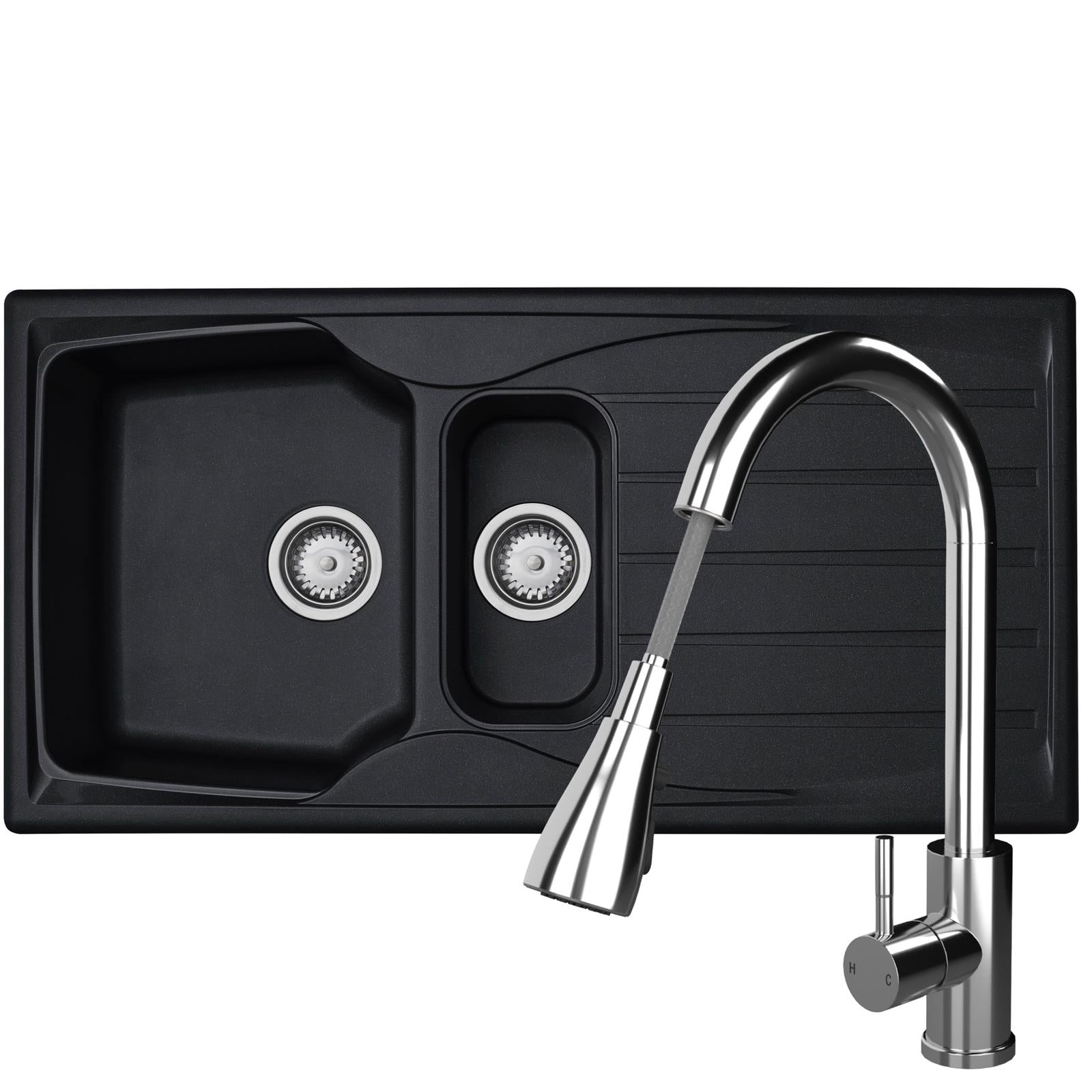 Liquida CMP15BL 1.5 Bowl Reversible Black Kitchen Sink And Pull Out KPO11CH Tap