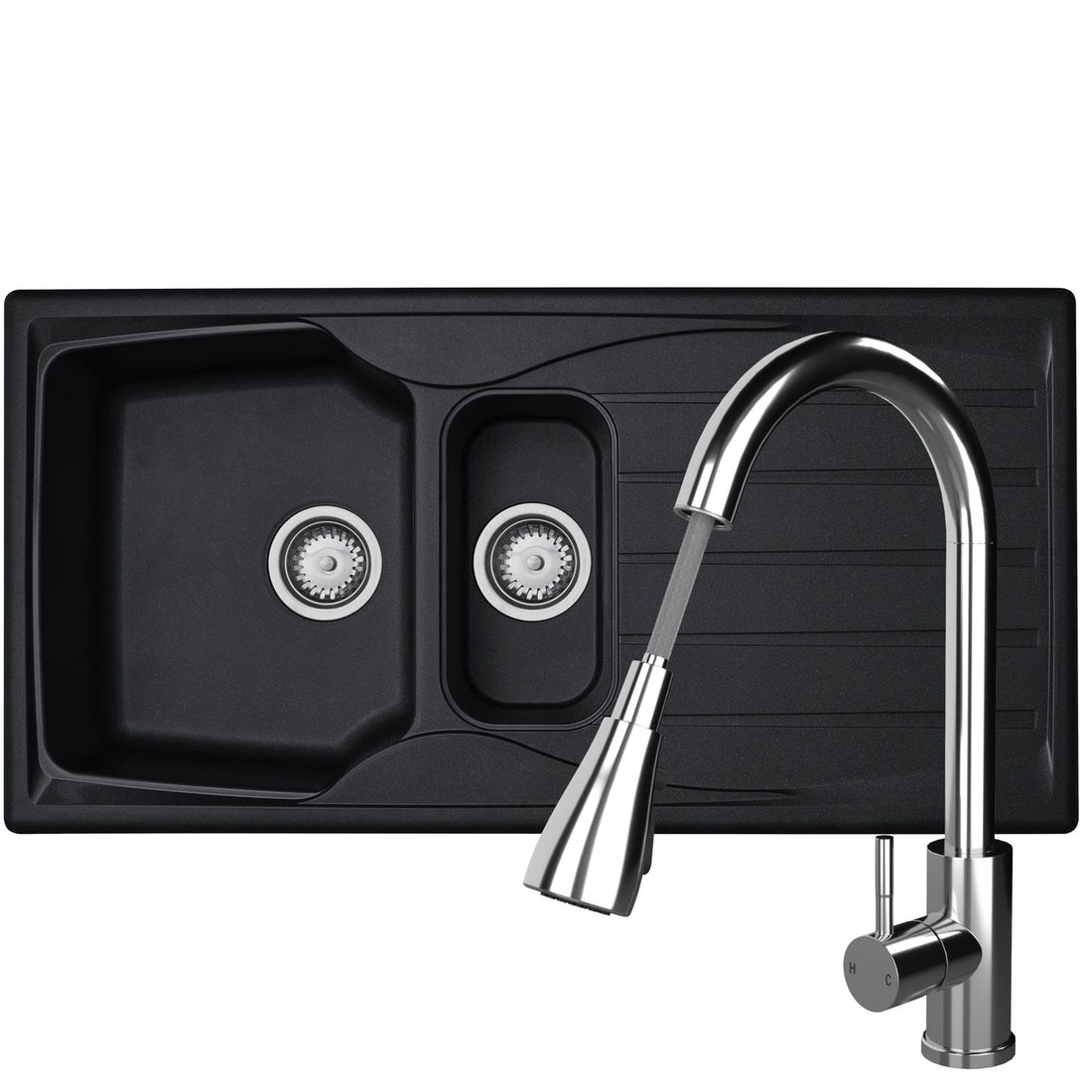 Liquida CMP15BL 1.5 Bowl Reversible Black Kitchen Sink And Pull Out KPO11CH Tap