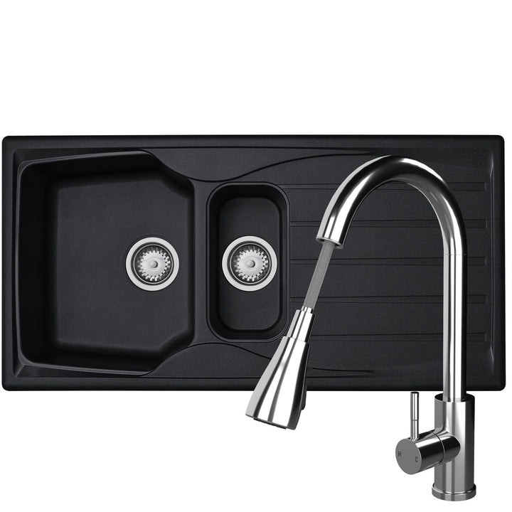 Liquida CMP15BL 1.5 Bowl Reversible Black Kitchen Sink And Pull Out KPO11CH Tap