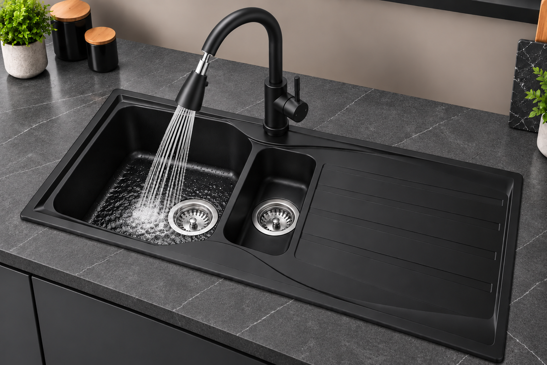Liquida CMP15BL 1.5 Bowl Reversible Black Kitchen Sink And Pull Out KPO11MB Tap