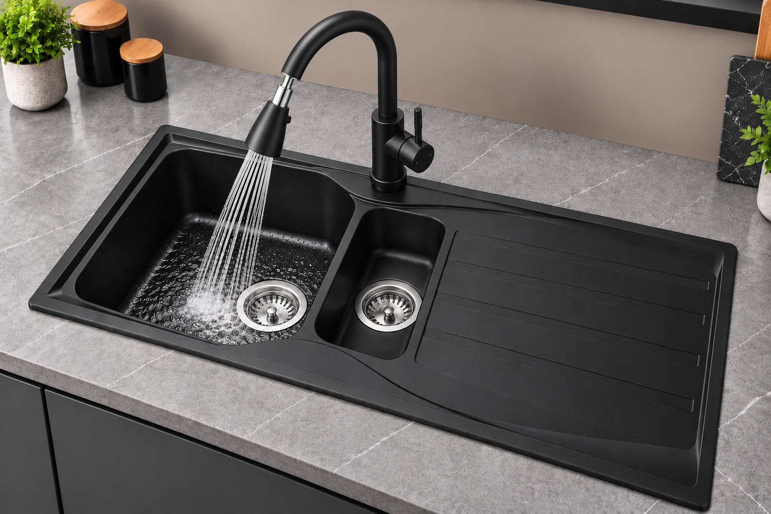 Liquida CMP15BL 1.5 Bowl Reversible Black Kitchen Sink And Pull Out KPO11MB Tap