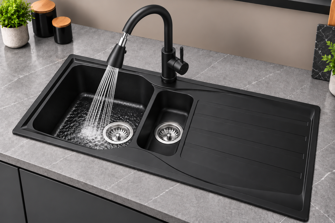 Liquida CMP15BL 1.5 Bowl Reversible Black Kitchen Sink And Pull Out KPO11MB Tap