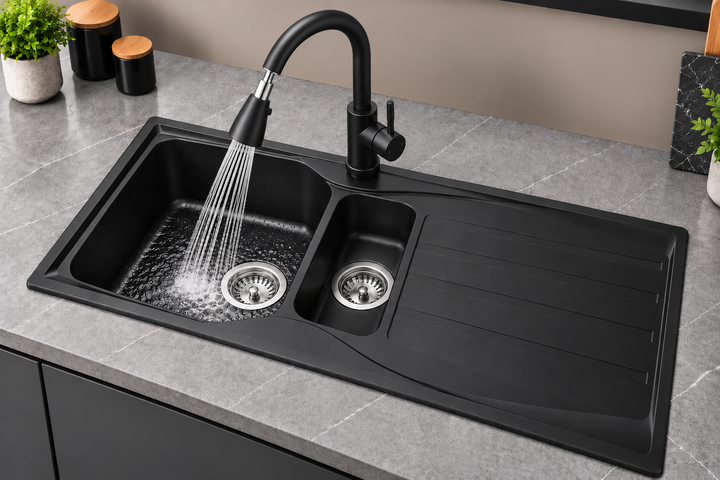 Liquida CMP15BL 1.5 Bowl Reversible Black Kitchen Sink And Pull Out KPO11MB Tap