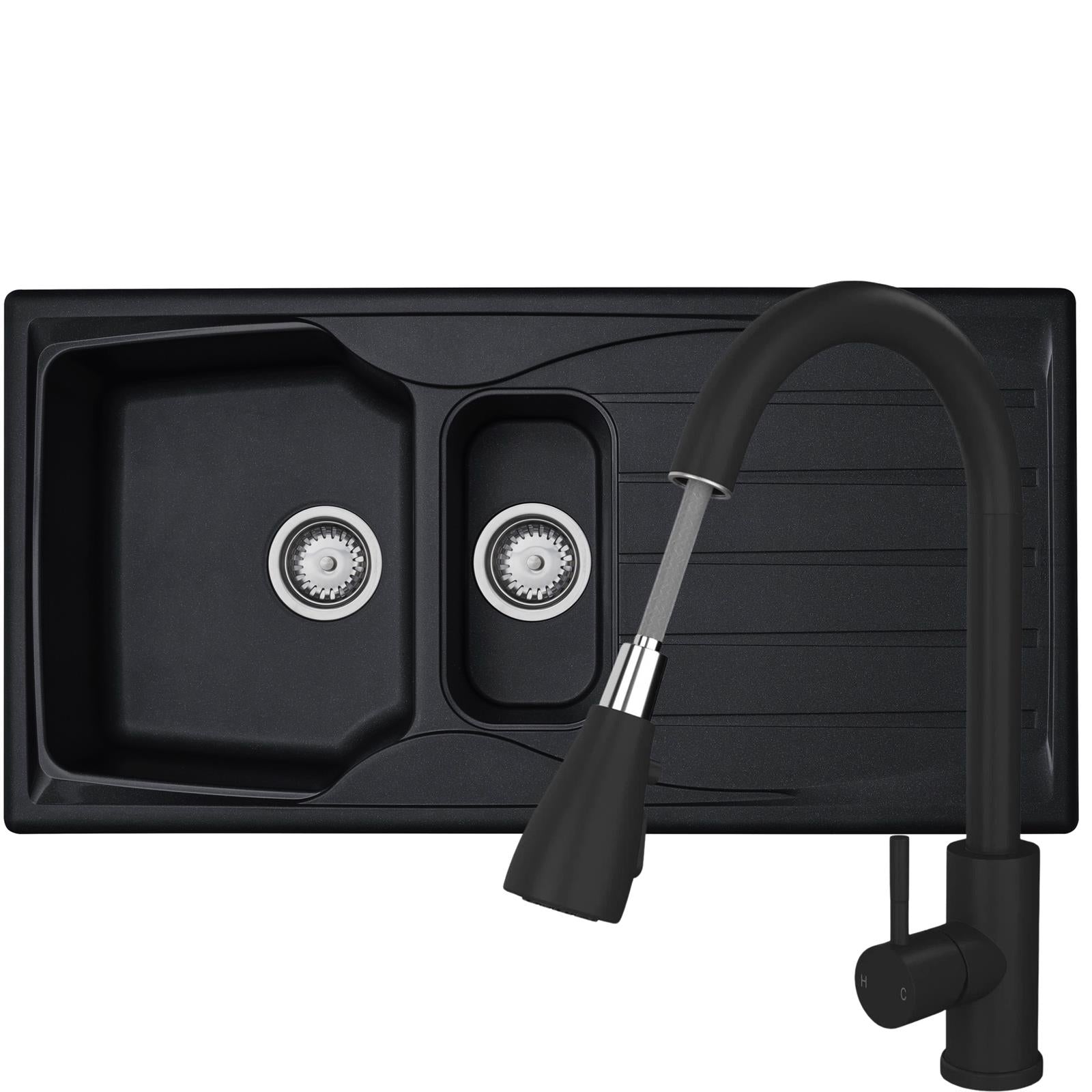 Liquida CMP15BL 1.5 Bowl Reversible Black Kitchen Sink And Pull Out KPO11MB Tap