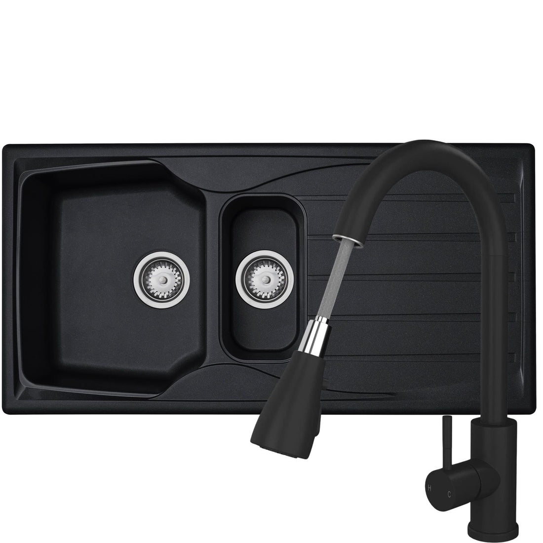 Liquida CMP15BL 1.5 Bowl Reversible Black Kitchen Sink And Pull Out KPO11MB Tap