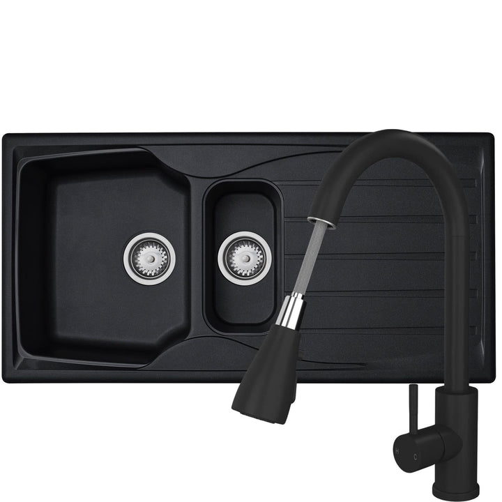 Liquida CMP15BL 1.5 Bowl Reversible Black Kitchen Sink And Pull Out KPO11MB Tap