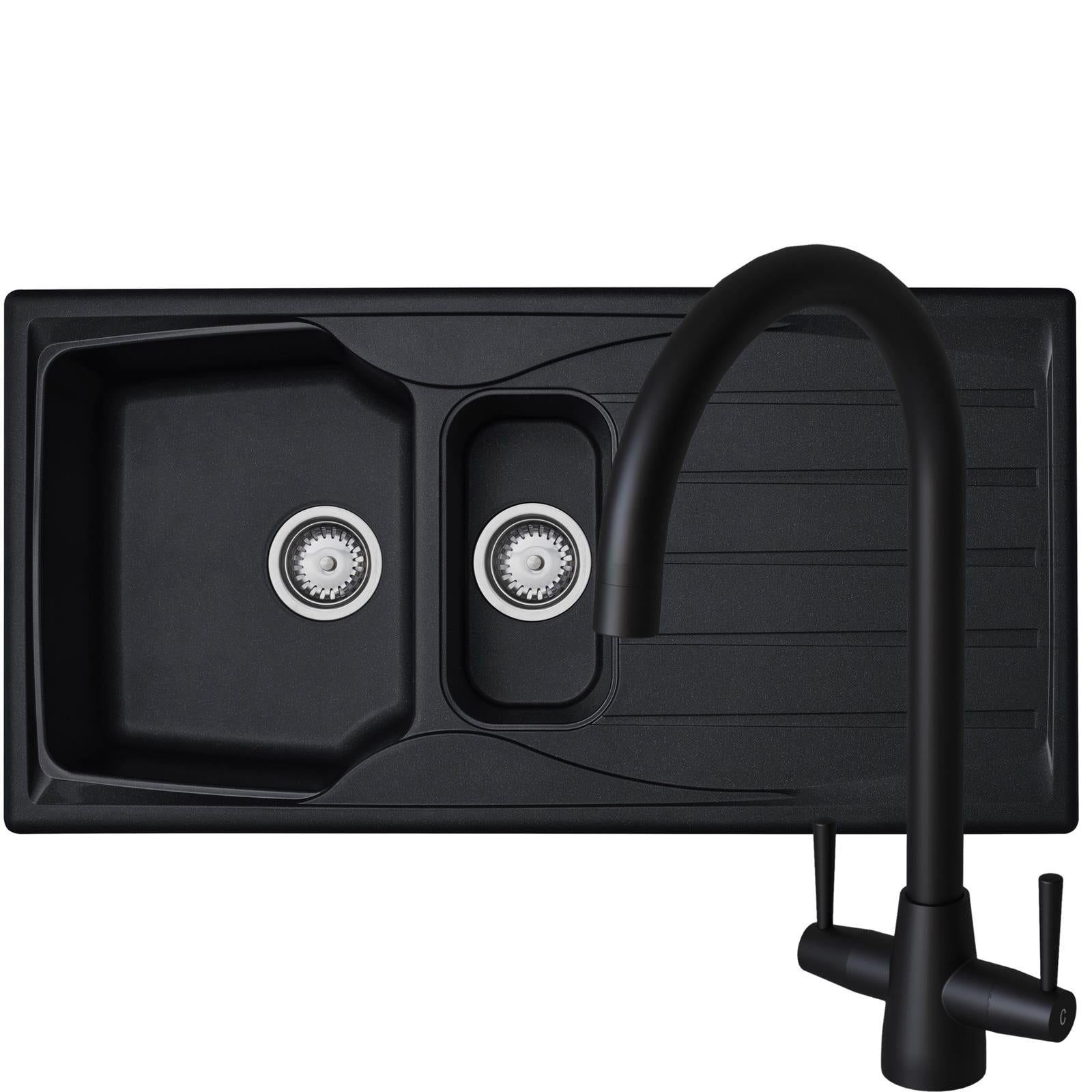 Liquida CMP15BL 1.5 Bowl Reversible Black Kitchen Sink And LU408MB Mixer Tap