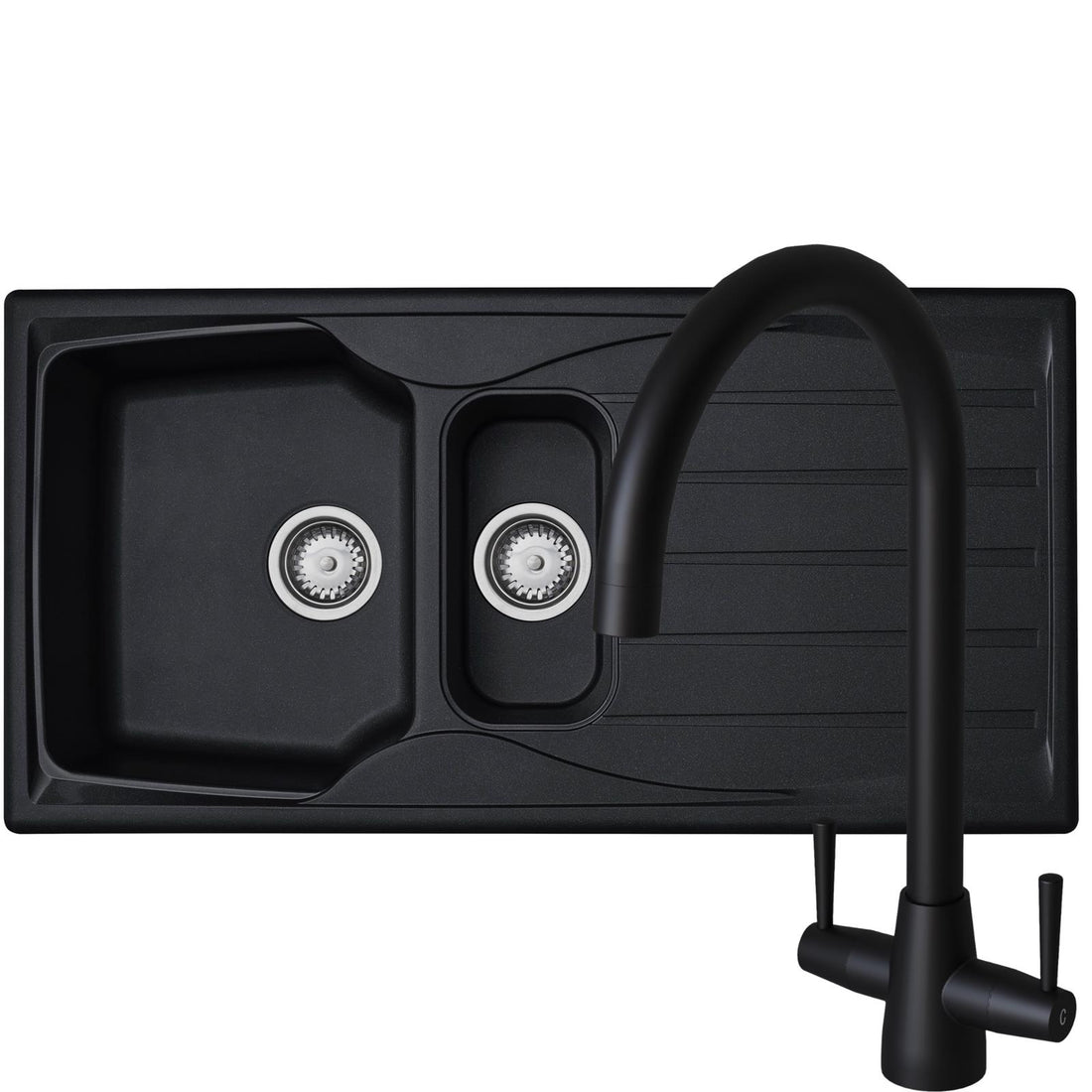 Liquida CMP15BL 1.5 Bowl Reversible Black Kitchen Sink And LU408MB Mixer Tap
