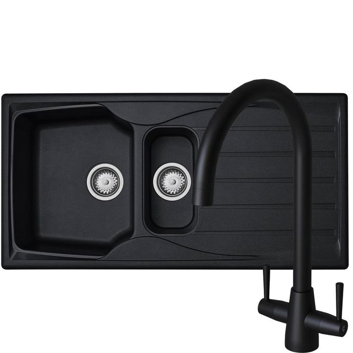 Liquida CMP15BL 1.5 Bowl Reversible Black Kitchen Sink And LU408MB Mixer Tap