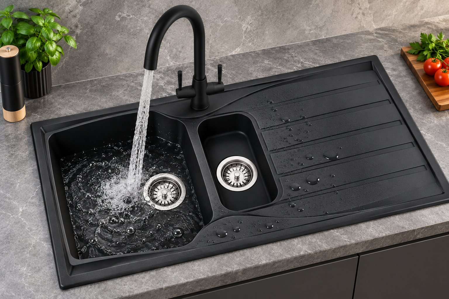 Liquida CMP15BL 1.5 Bowl Reversible Black Kitchen Sink And LU408MB Mixer Tap