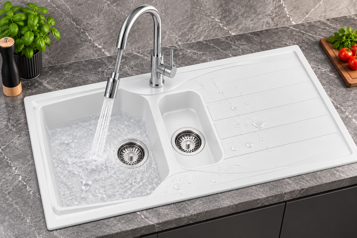 Liquida CMP15WH 1.5 Bowl White Kitchen Sink With CT452CH Chrome Pull Out Tap