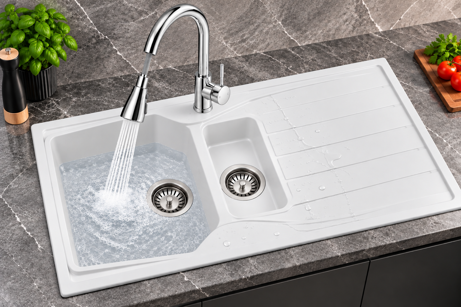 Liquida CMP15WH 1.5 Bowl White Kitchen Sink With KPO11CH Chrome Pull Out Tap