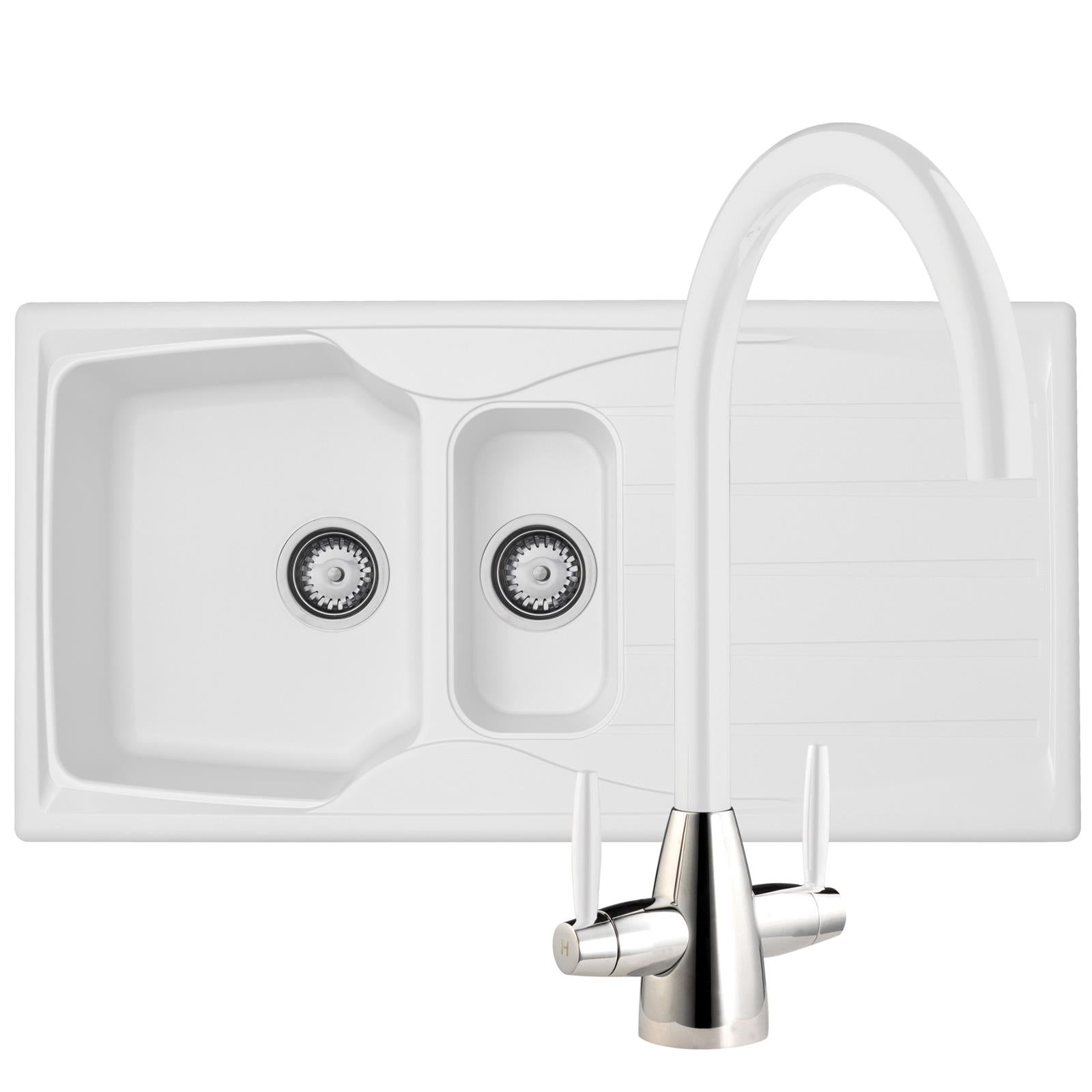 Liquida CMP15WH 1.5 Bowl White Kitchen Sink With LC02WH White Mixer Tap