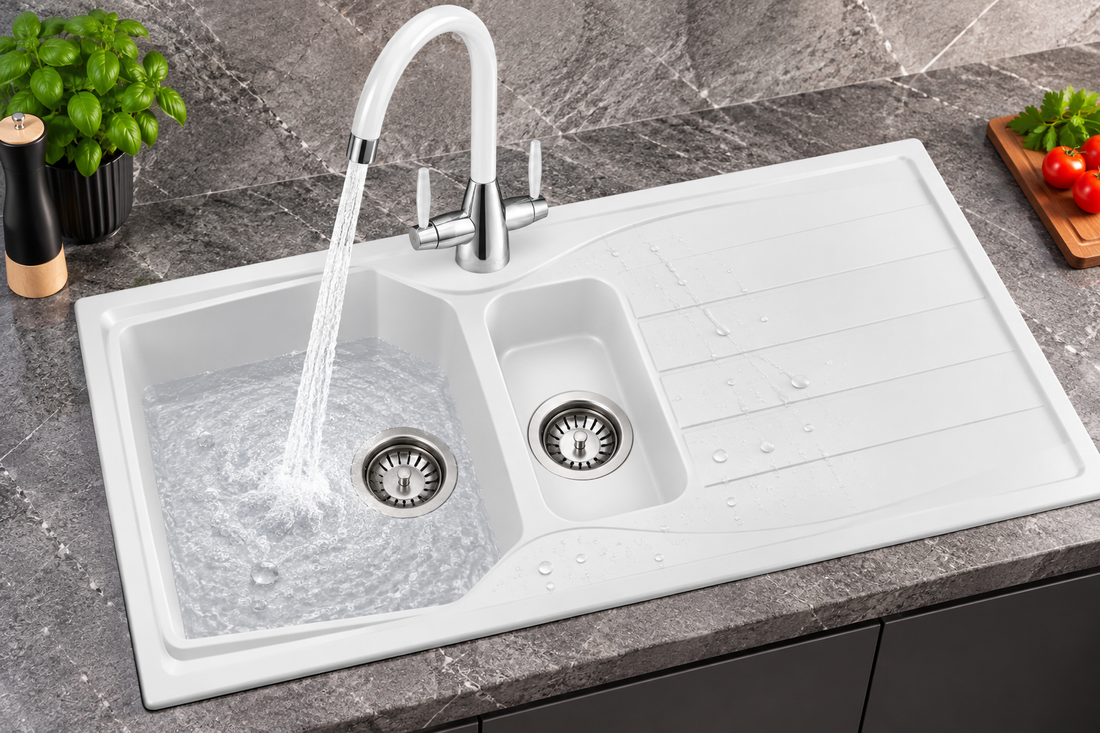 Liquida CMP15WH 1.5 Bowl White Kitchen Sink With LC02WH White Mixer Tap