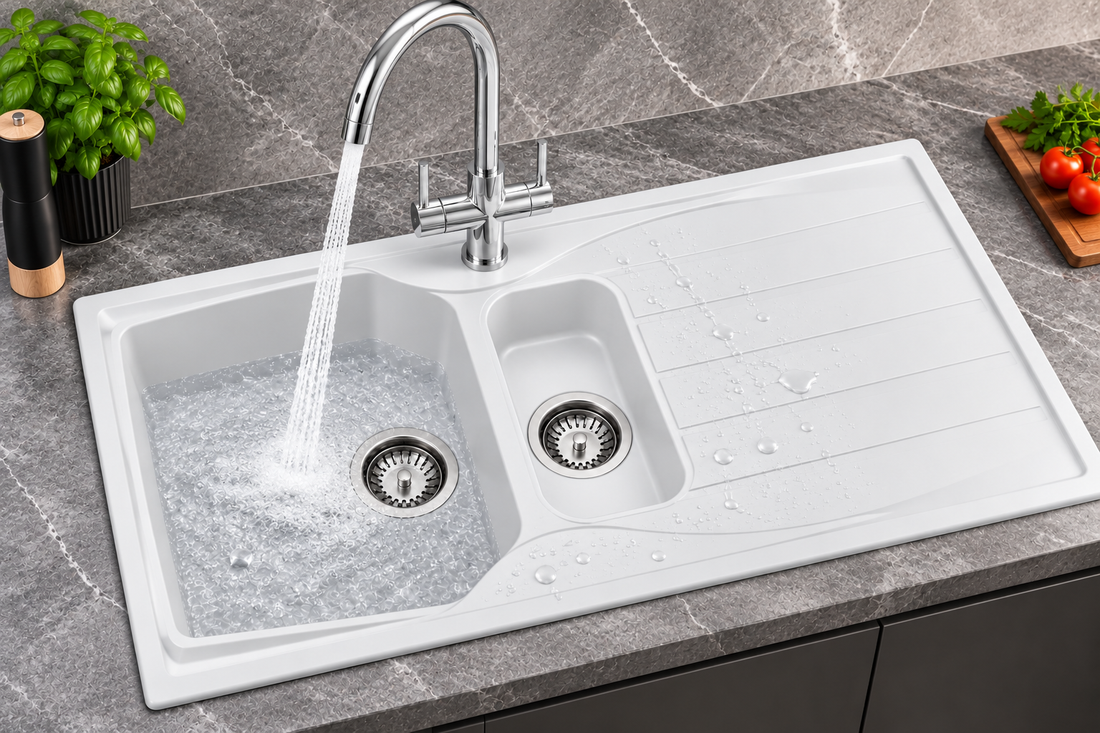 Liquida CMP15WH 1.5 Bowl White Kitchen Sink With W03CH Chrome Mixer Tap